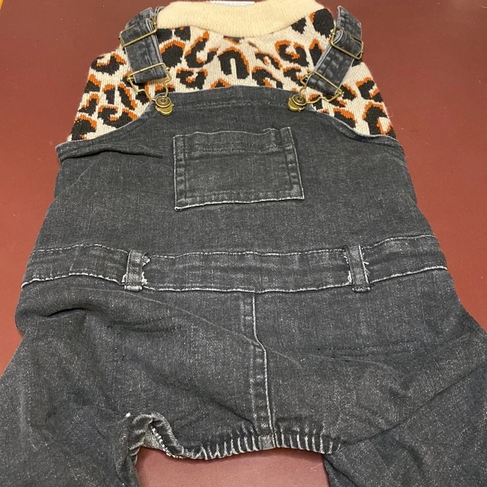 Doggy Stretch Denim Overalls with Leopard Sweater